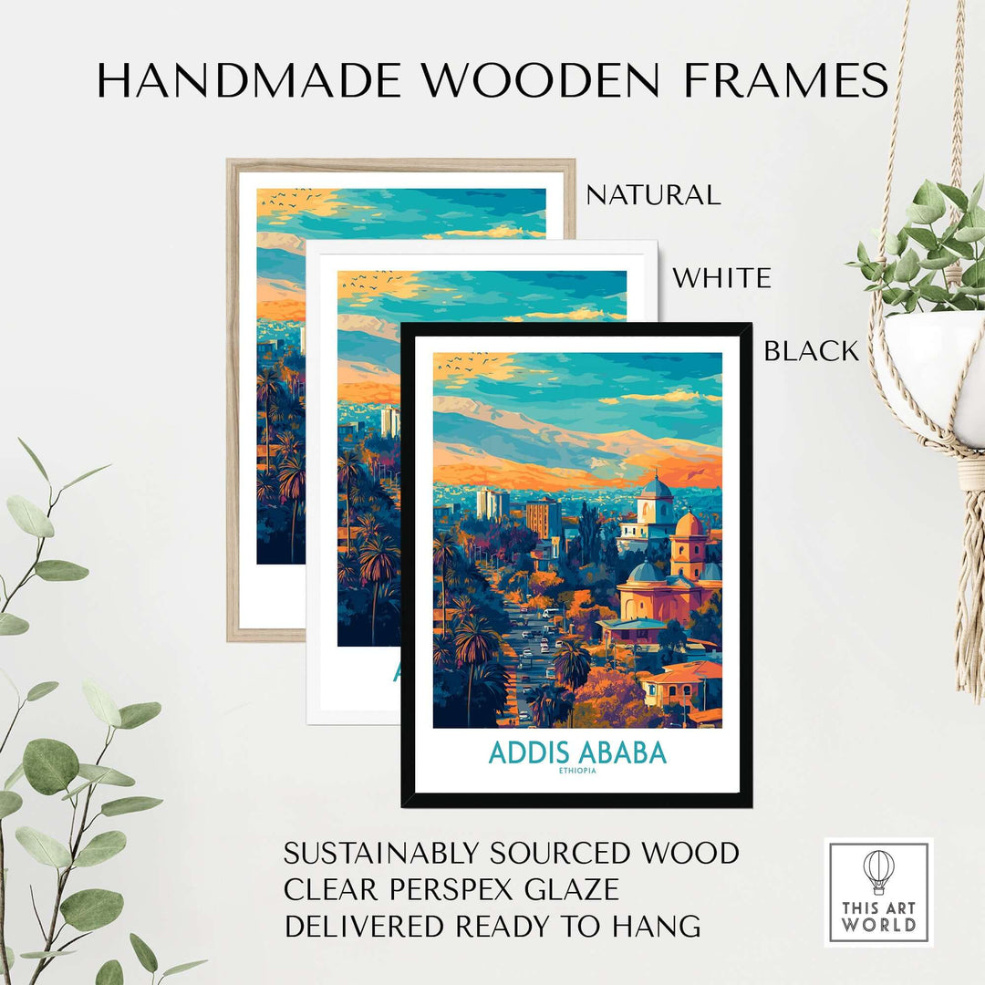 Addis Ababa panoramic wall art framed in natural, white, and black handmade wooden frames for stunning decor.