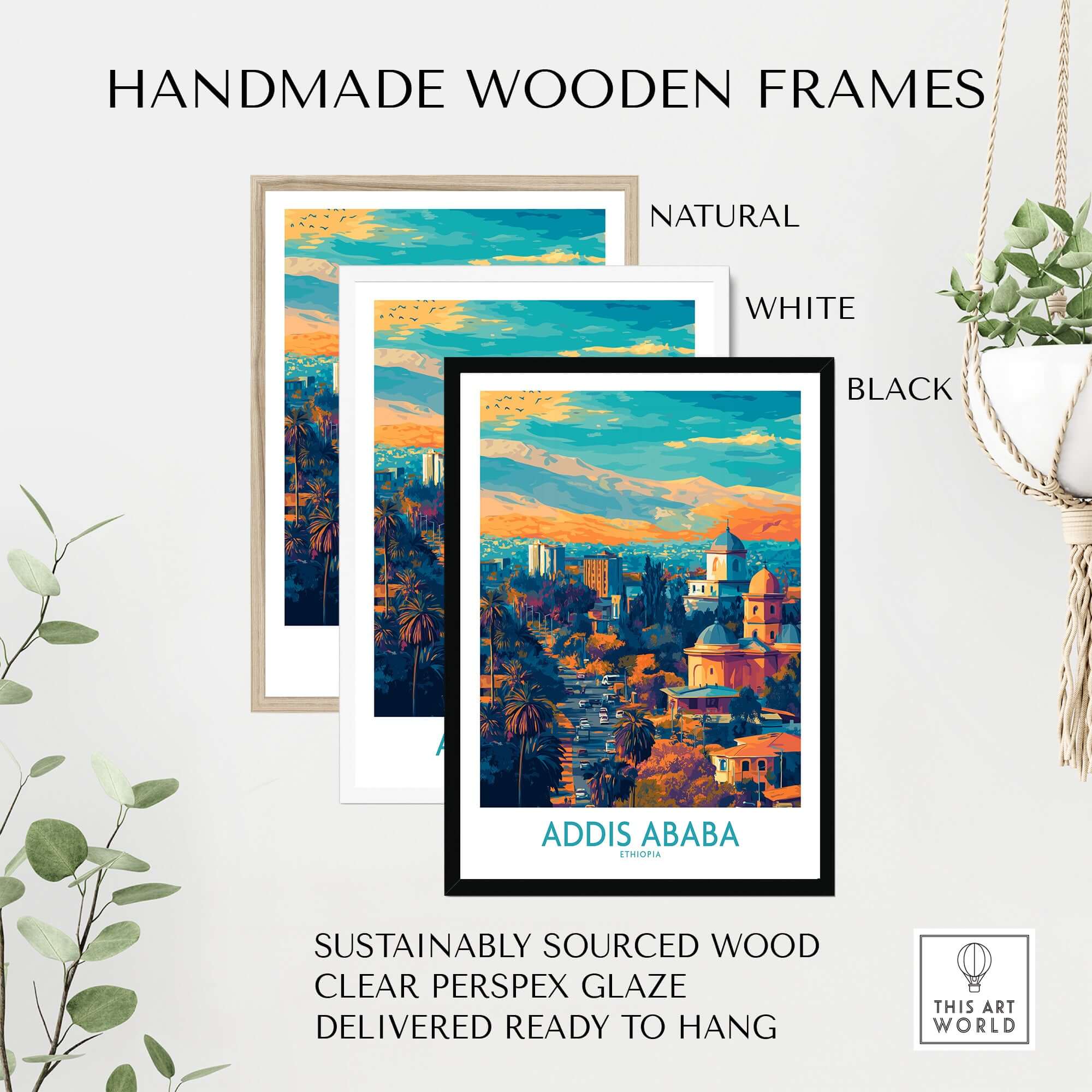 Addis Ababa Panoramic Wall Art - Ethiopian Destination Decor framed in handmade wooden frames.