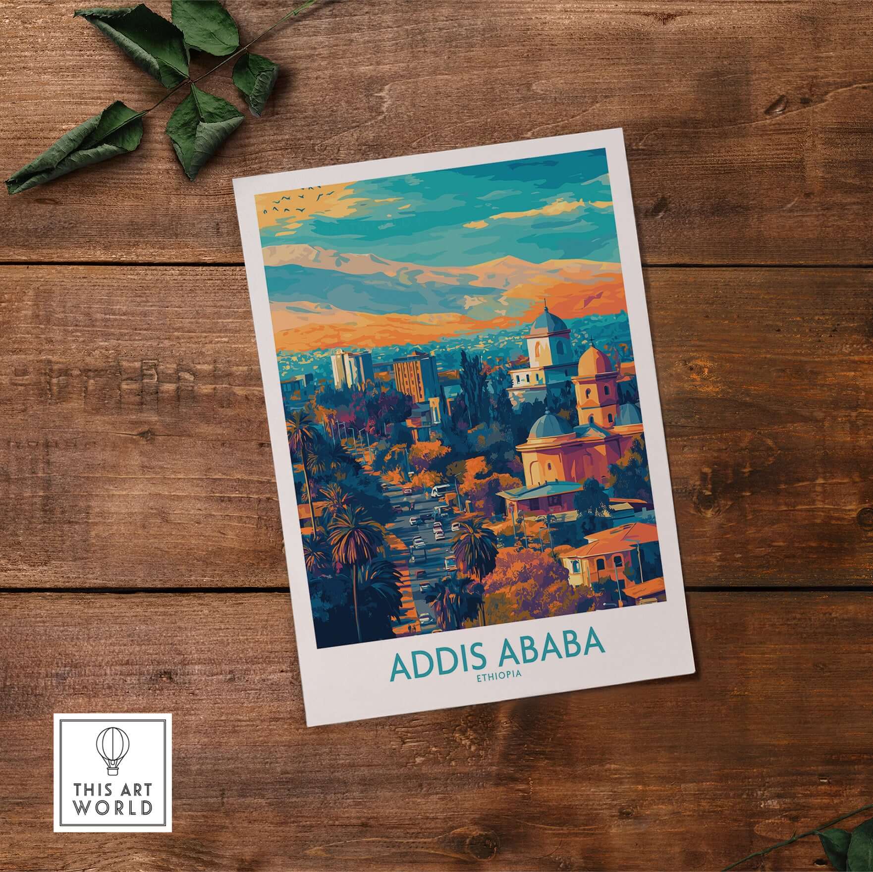 Addis Ababa Panoramic Wall Art - Ethiopian Destination Decor showcasing vibrant city view on wooden background.