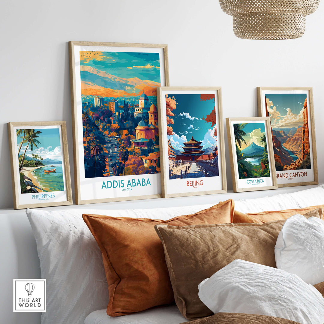Addis Ababa panoramic wall art displayed among other travel destinations, showcasing vibrant colors and exotic decor.