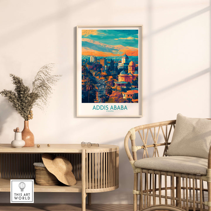 Addis Ababa panoramic wall art in stylish modern living room decor showcasing vibrant Ethiopian cityscape.