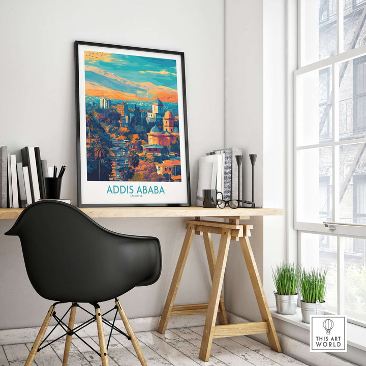 Addis Ababa panoramic wall art displayed in a modern home office, showcasing Ethiopian cityscape decor.
