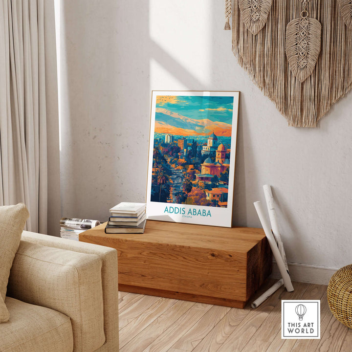 Addis Ababa panoramic wall art displayed in a cozy room, adding vibrant Ethiopian culture to home decor.