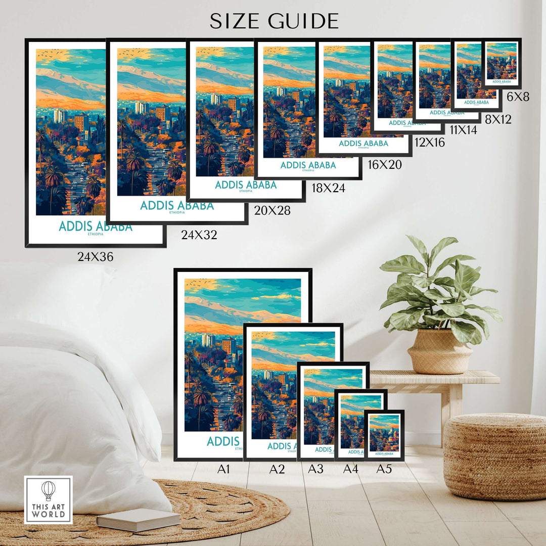 Size guide for Addis Ababa Panoramic Wall Art in various frame sizes, showcasing Ethiopian destination decor.