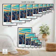 Addis Ababa Panoramic Wall Art - Ethiopian Destination Decor size guide showcasing available frame sizes.