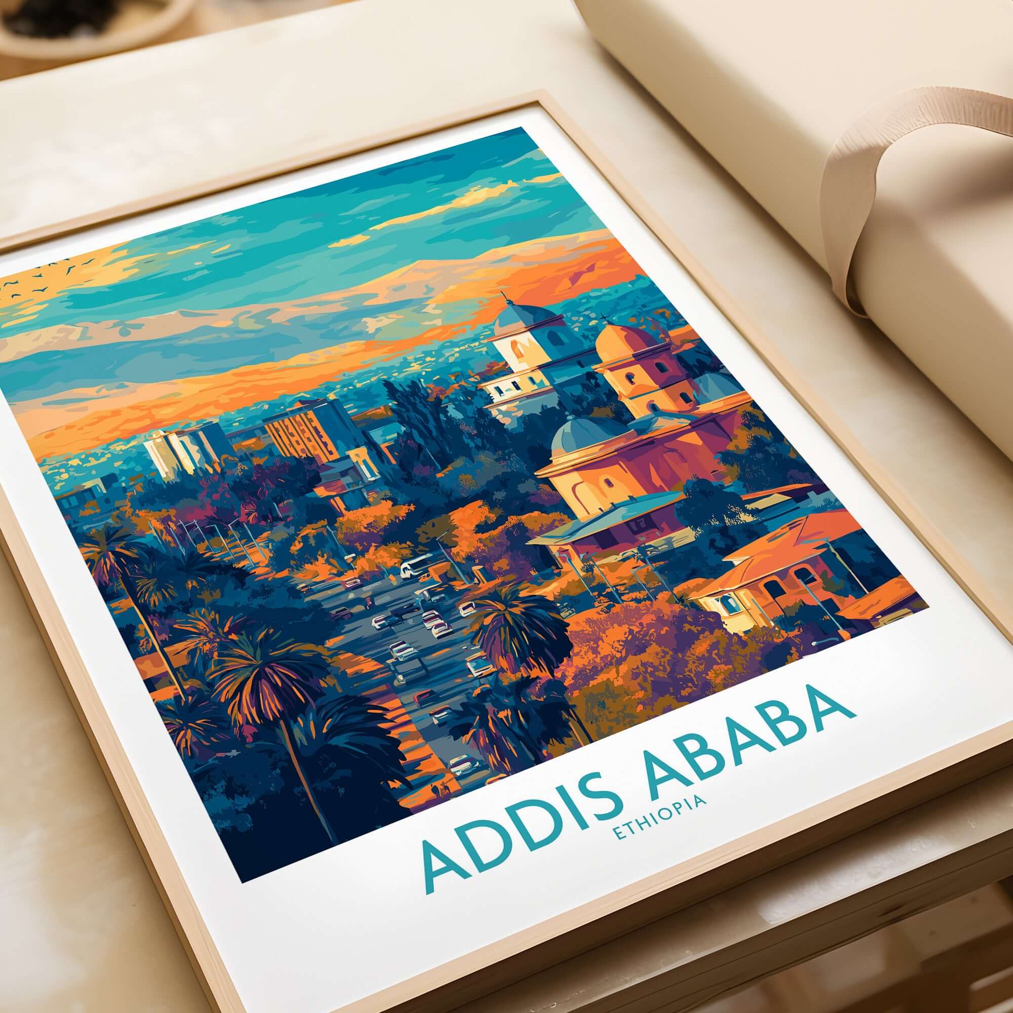 Addis Ababa Panoramic Wall Art - Ethiopian Destination Decor showcasing a vibrant view of the city of Addis Ababa, Ethiopia.