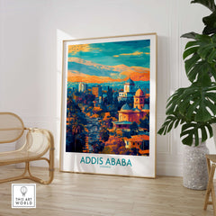 Addis Ababa Panoramic Wall Art - Ethiopian Destination Decor in a stylish living room setting.