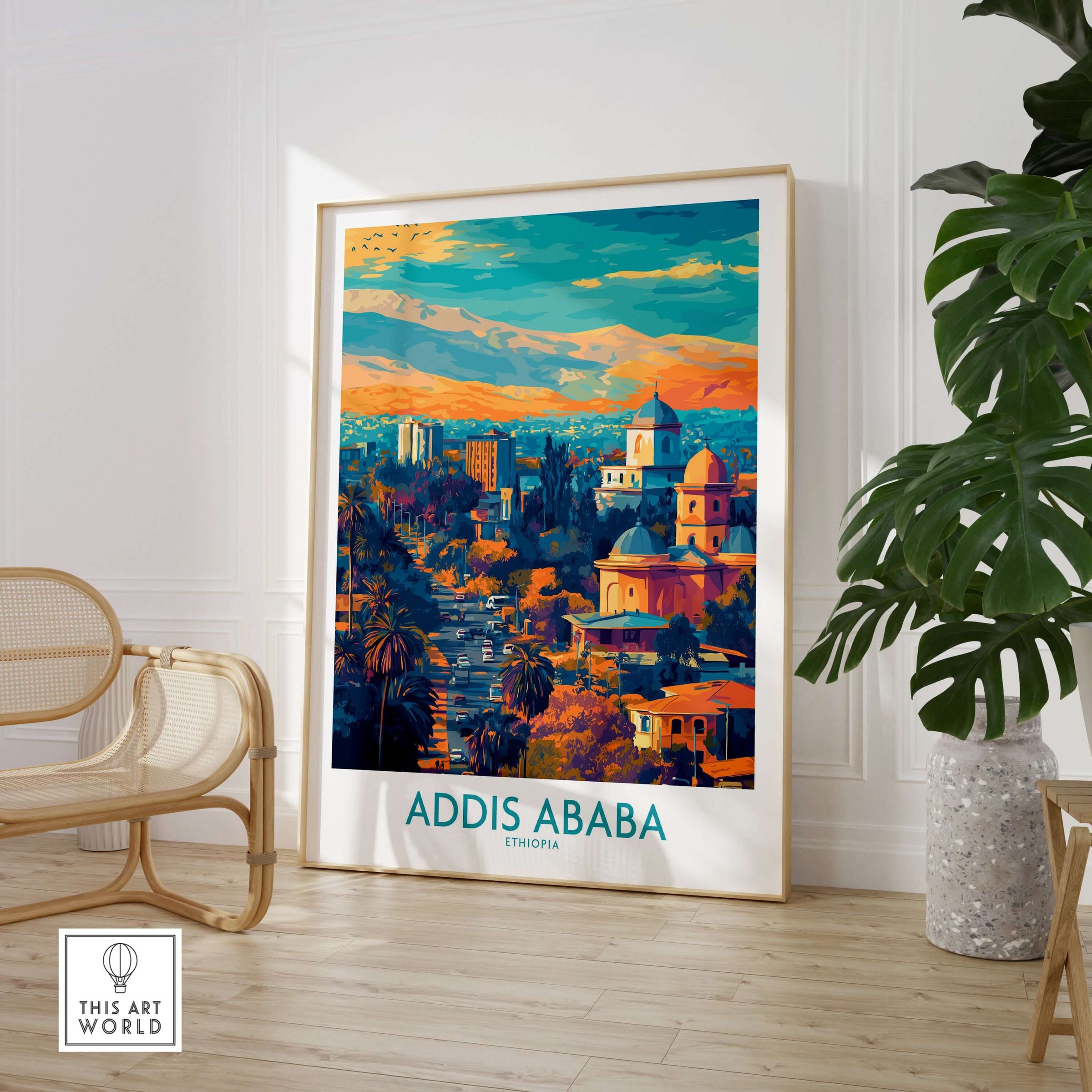 Addis Ababa Panoramic Wall Art - Ethiopian Destination Decor in a stylish living room setting.