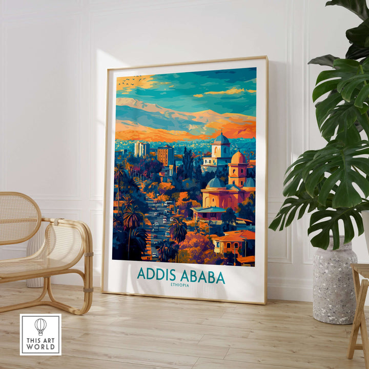 Addis Ababa panoramic wall art showcasing vibrant cityscape and culture, perfect for Ethiopian decor.