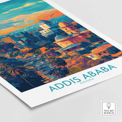 Addis Ababa Panoramic Wall Art - Ethiopian Destination Decor showcasing a vibrant cityscape and lush landscape.