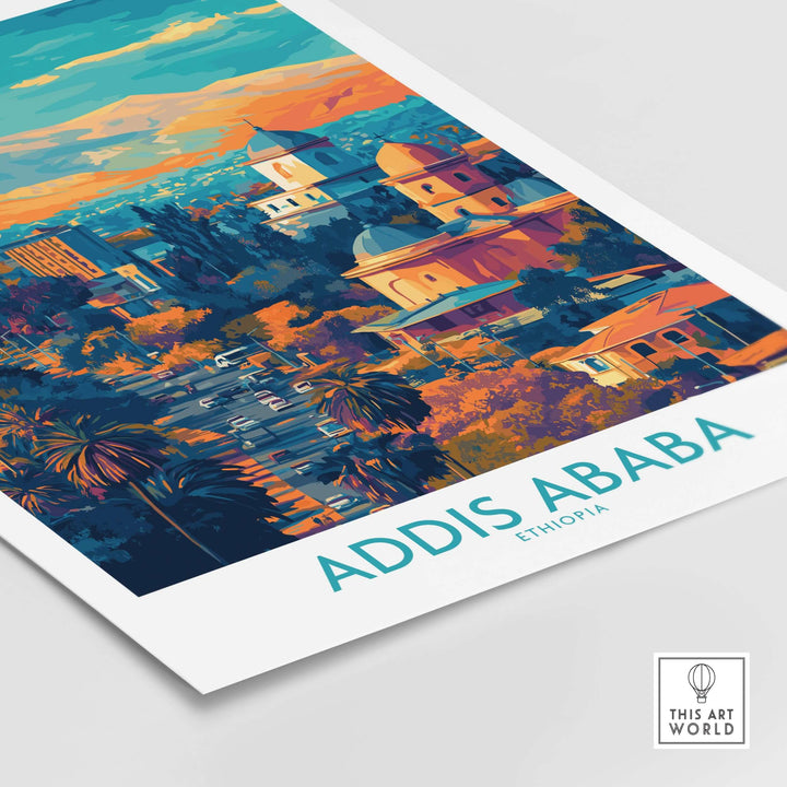 Addis Ababa panoramic wall art featuring vibrant cityscape and architecture of Ethiopia.