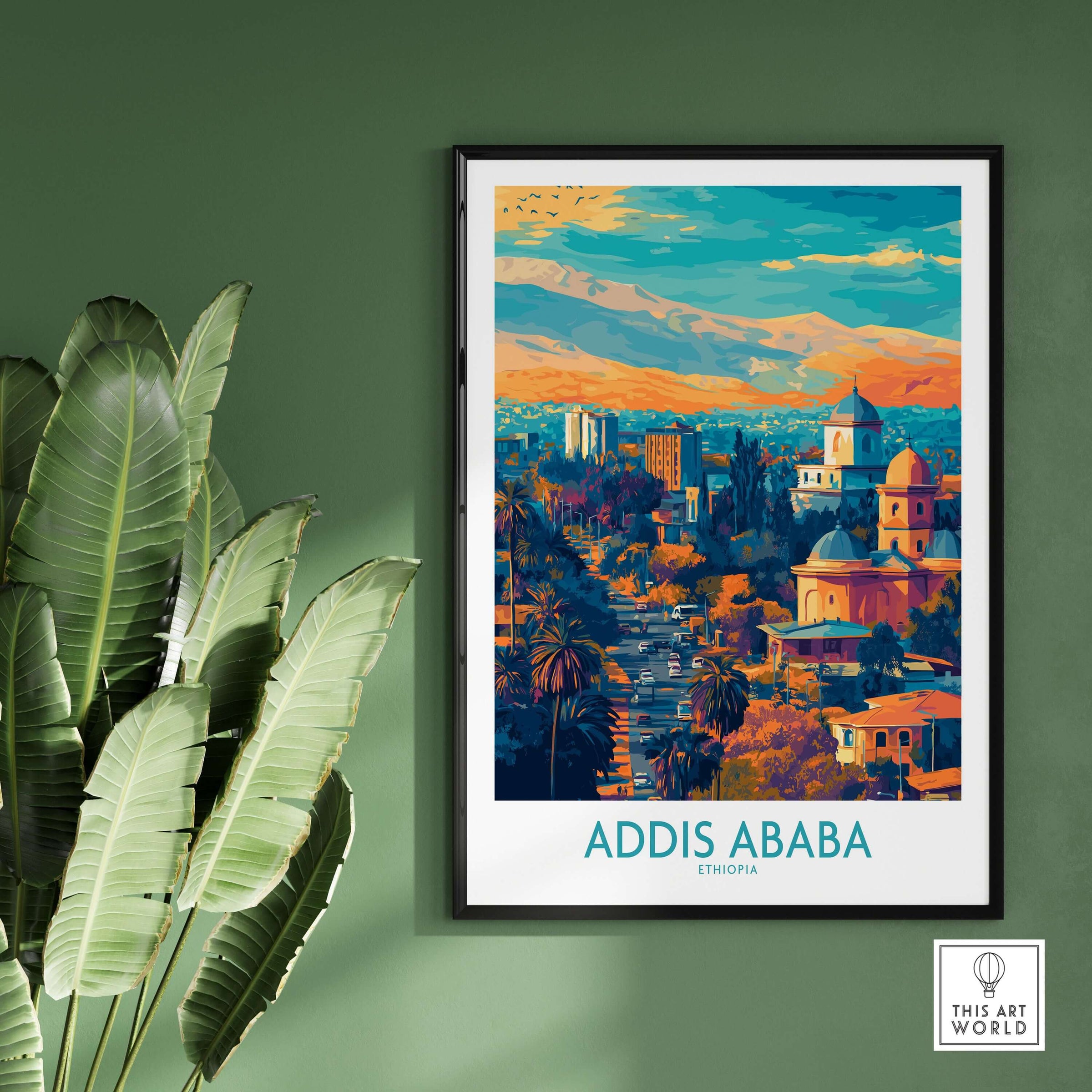 Addis Ababa Panoramic Wall Art - Ethiopian Destination Decor showcasing a vibrant view of the city framed on a green wall.