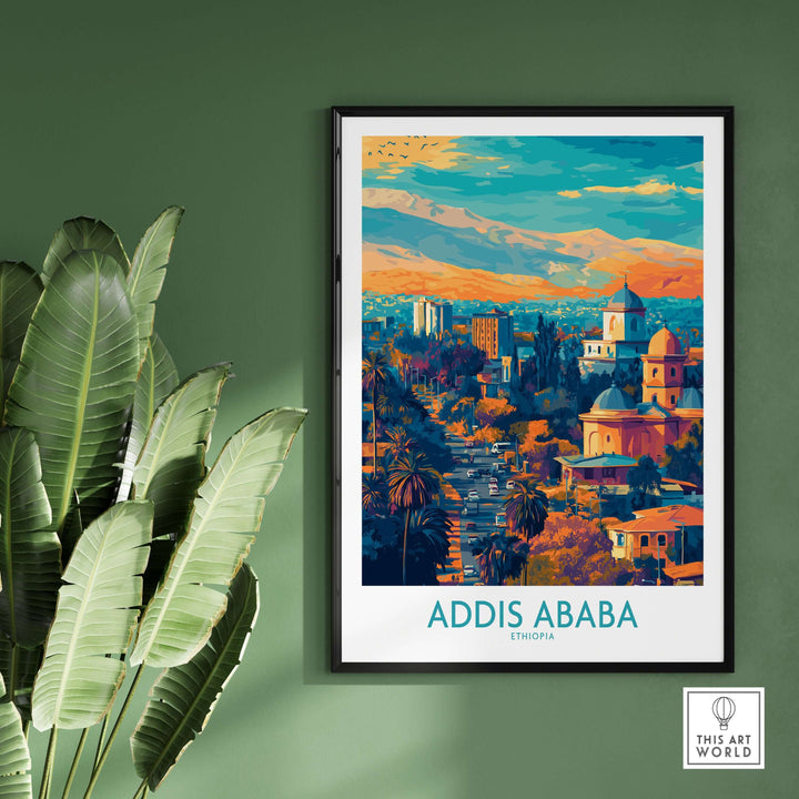 Addis Ababa panoramic wall art showcasing vibrant cityscape and mountains, perfect for Ethiopian decor.