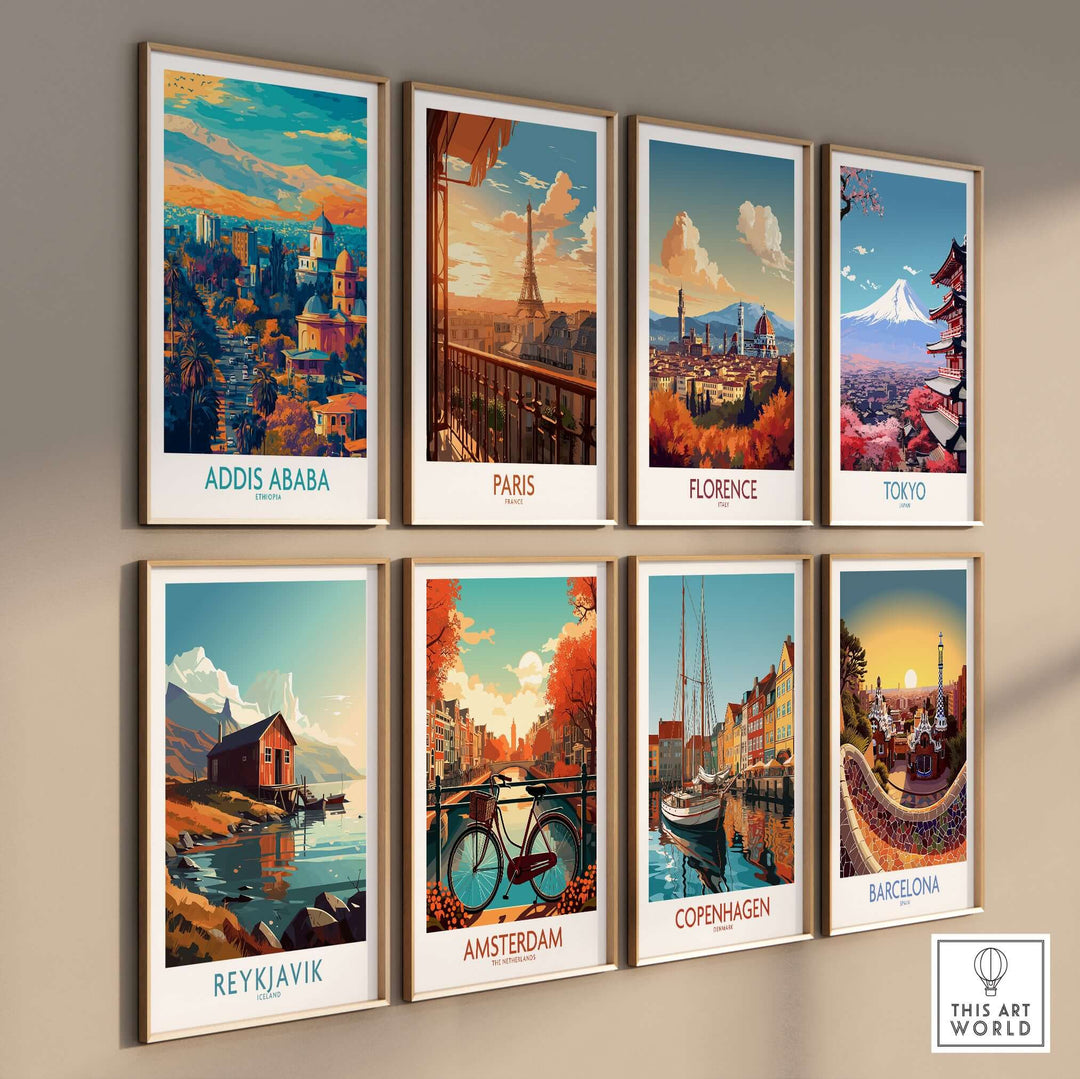 Addis Ababa panoramic wall art featuring vibrant cityscape, part of a global destination decor collection.