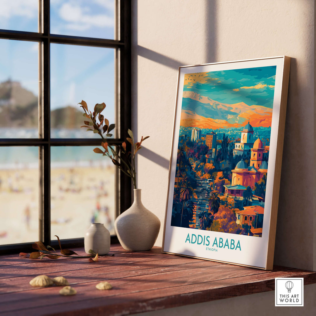 Addis Ababa panoramic wall art in a stylish interior, showcasing vibrant Ethiopian cityscape decor.