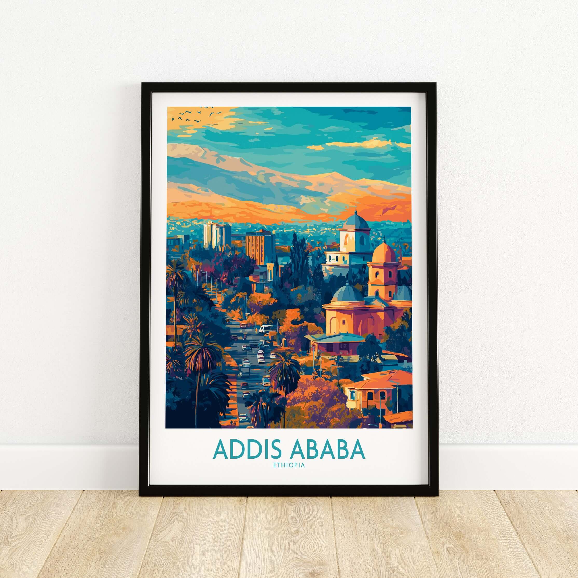 Addis Ababa Panoramic Wall Art - Ethiopian Destination Decor showcasing a vibrant city view in stunning colors.