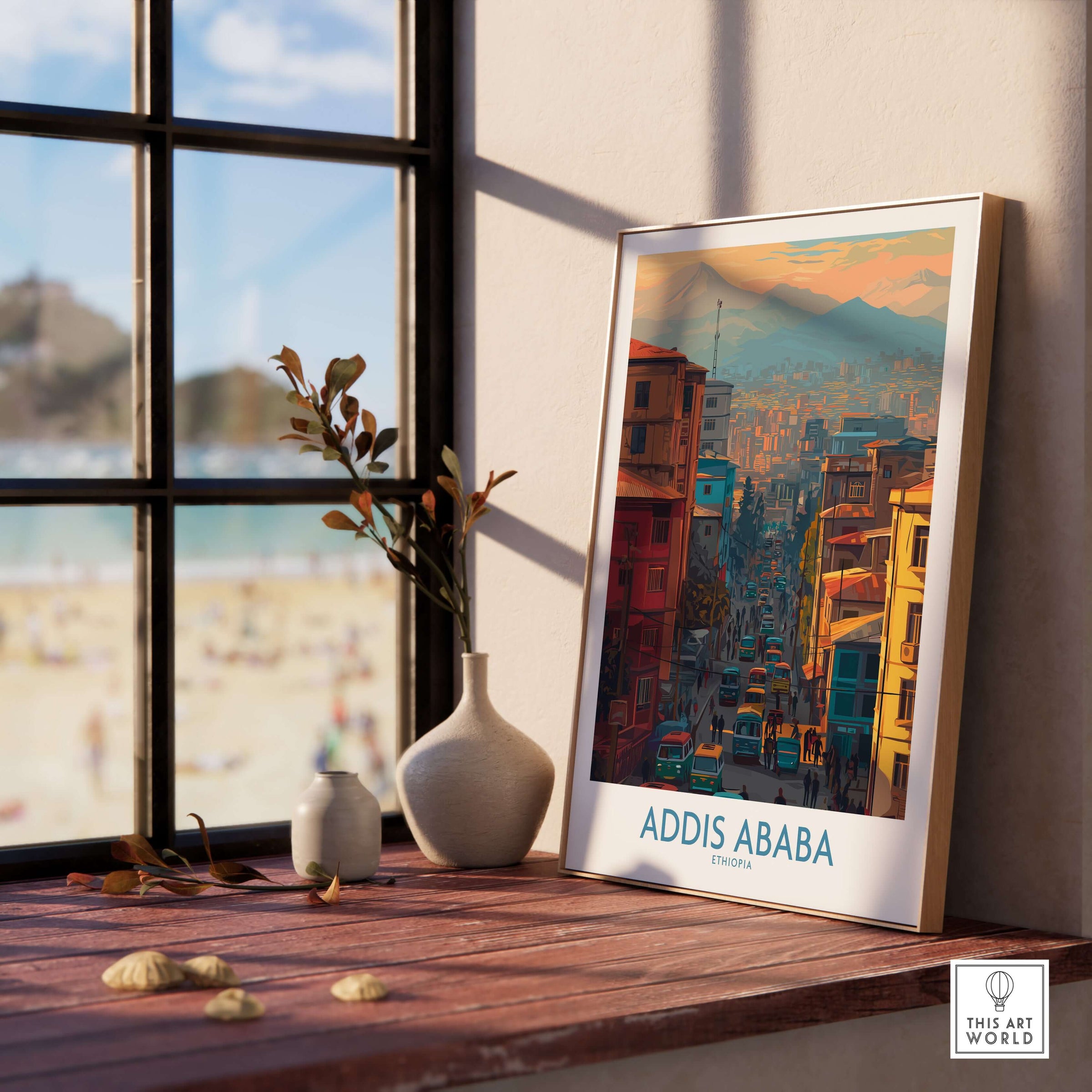 Addis Ababa Skyline Print - Ethiopian Capital Travel Artwork displayed in a cozy room with a beautiful view.