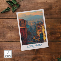 Addis Ababa Skyline Print - Ethiopian Capital Travel Artwork showcased on a wooden table with vibrant cityscape.