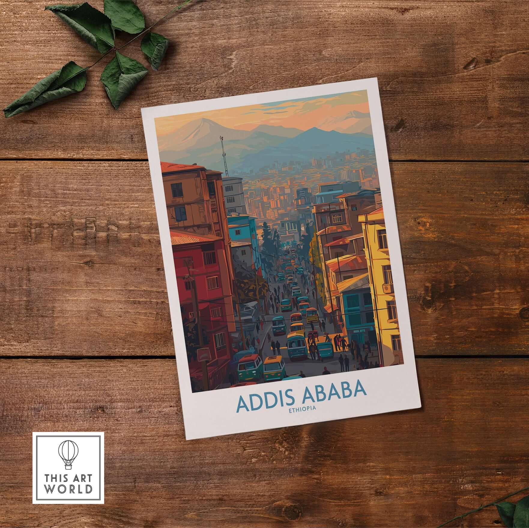 Addis Ababa Skyline Print - Ethiopian Capital Travel Artwork showcased on a wooden table with vibrant cityscape.