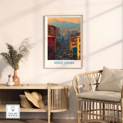 Addis Ababa Skyline Print - Ethiopian Capital Travel Artwork displayed in a modern living room setting.