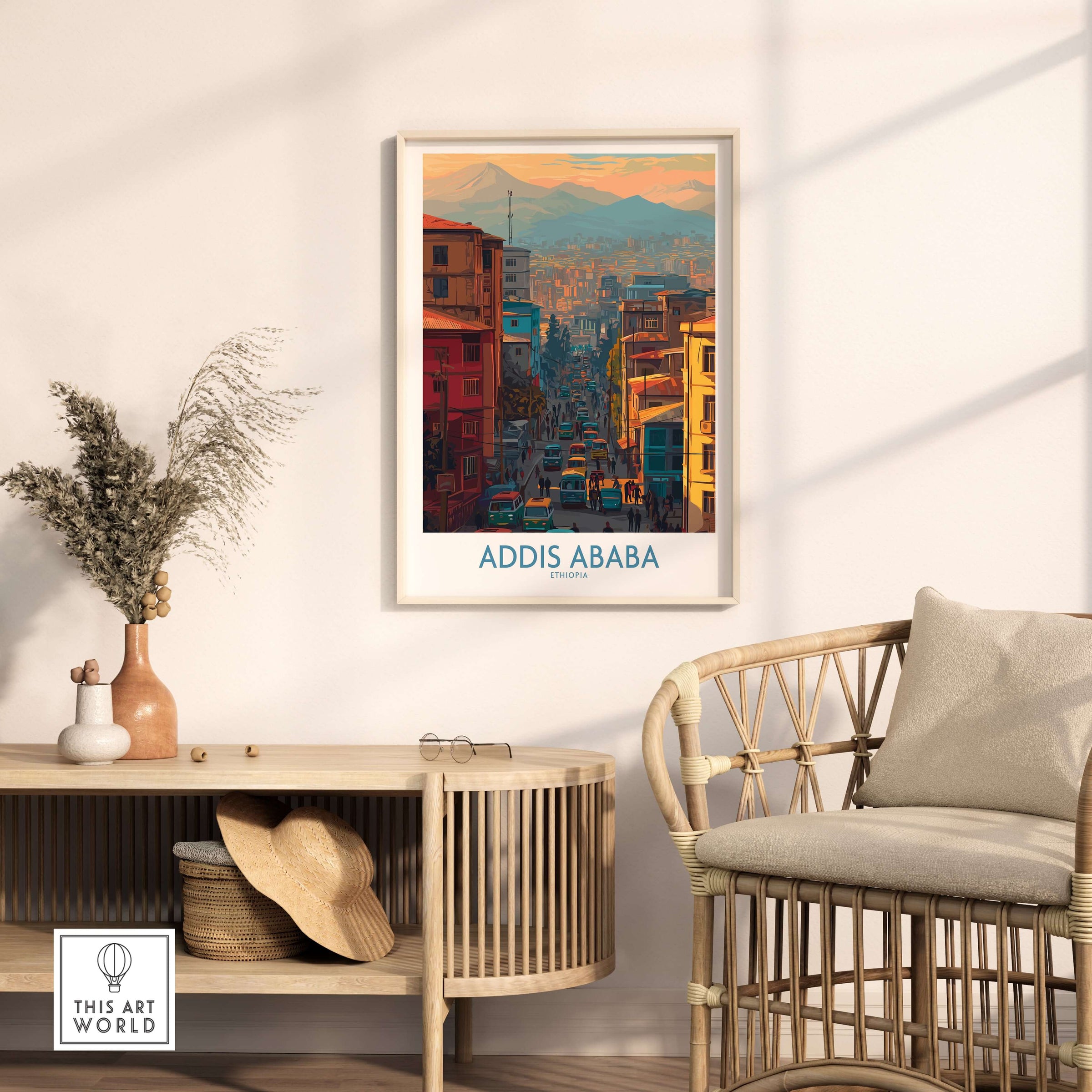 Addis Ababa Skyline Print - Ethiopian Capital Travel Artwork displayed in a modern living room setting.