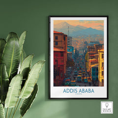 Addis Ababa Skyline Print - Ethiopian Capital Travel Artwork showcasing vibrant cityscape in Ethiopia.