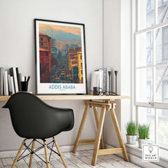 Addis Ababa Skyline Print - Ethiopian Capital Travel Artwork showcased in a contemporary workspace with plants.