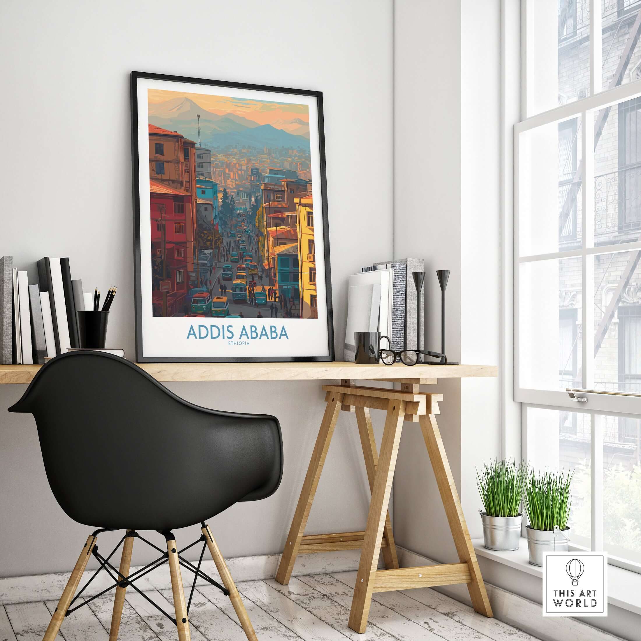 Addis Ababa Skyline Print - Ethiopian Capital Travel Artwork showcased in a contemporary workspace with plants.
