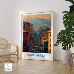 Addis Ababa Skyline Print - Ethiopian Capital Travel Artwork showcasing vibrant cityscape in a stylish room.