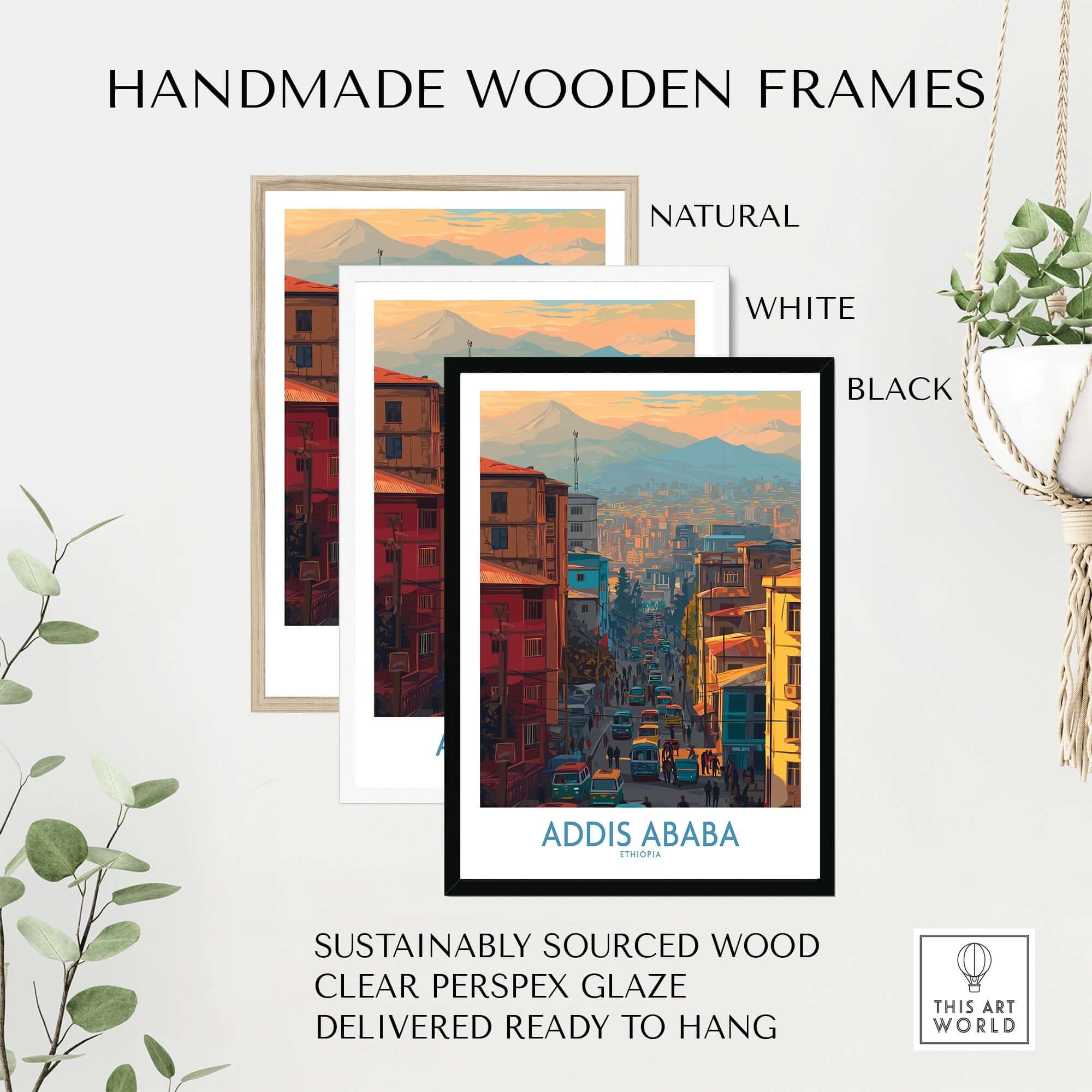 Addis Ababa Skyline Print - Ethiopian Capital Travel Artwork framed in natural, white, and black handmade wooden options.