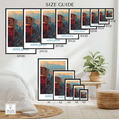 Addis Ababa Skyline Print - Ethiopian Capital Travel Artwork size guide showcasing various print dimensions.