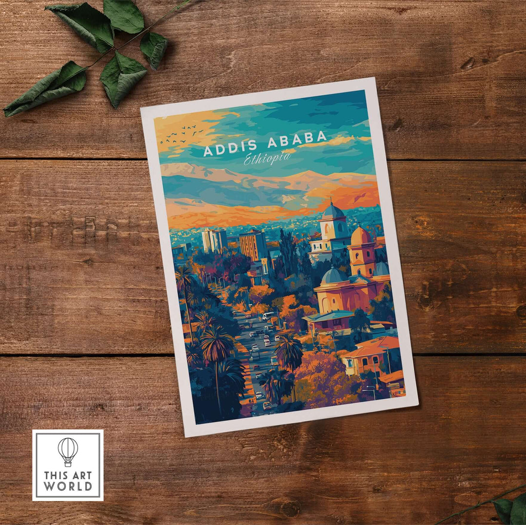 Addis Ababa Ethiopia sunset poster showcasing vibrant cityscape art print on wooden background.