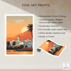 Agadir Travel Poster – Moroccan Mosque and Desert Sunset Art showcasing desert sunset and mosque.