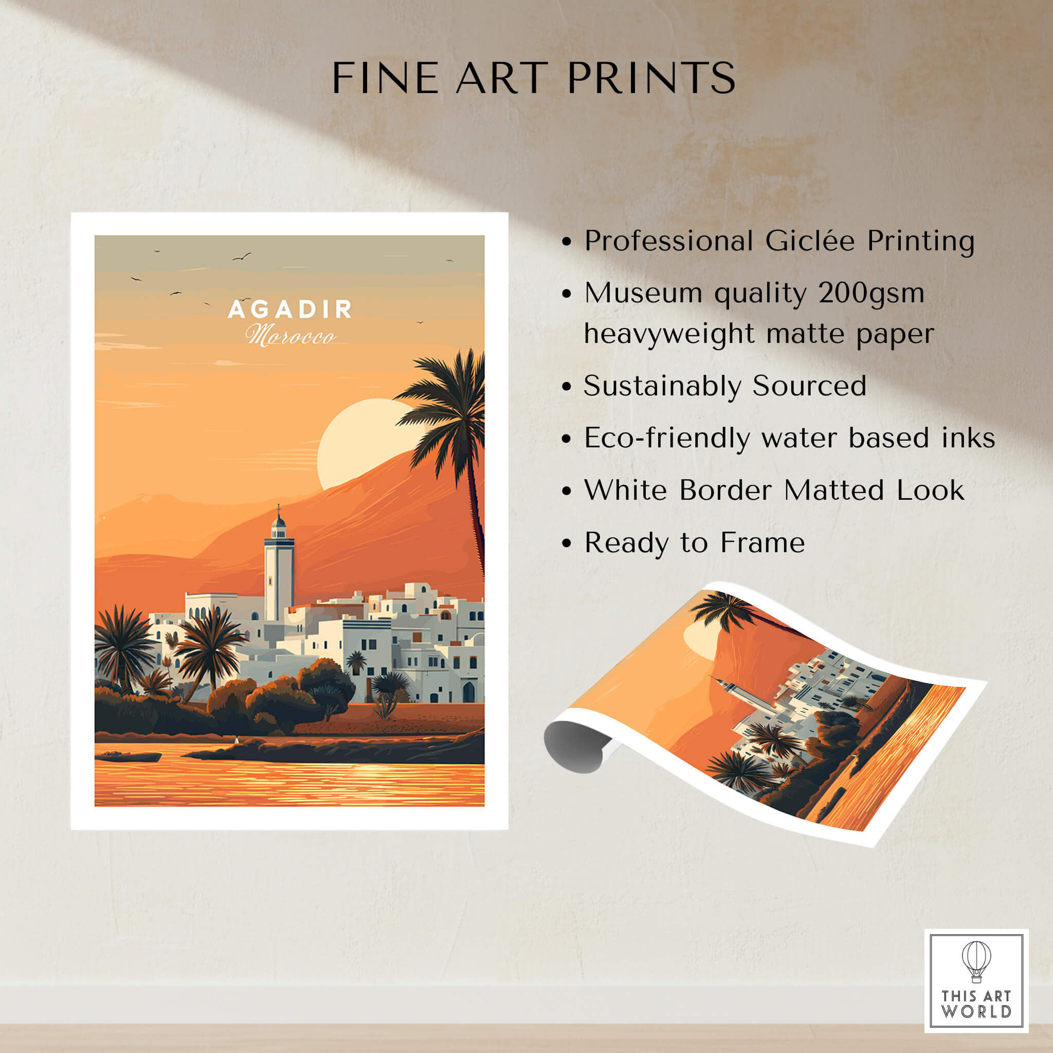 Agadir Travel Poster – Moroccan Mosque and Desert Sunset Art showcasing desert sunset and mosque.