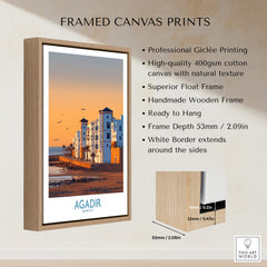 Agadir Morocco Wall Art framed canvas print featuring vibrant coastal scenery and a handmade wooden frame.