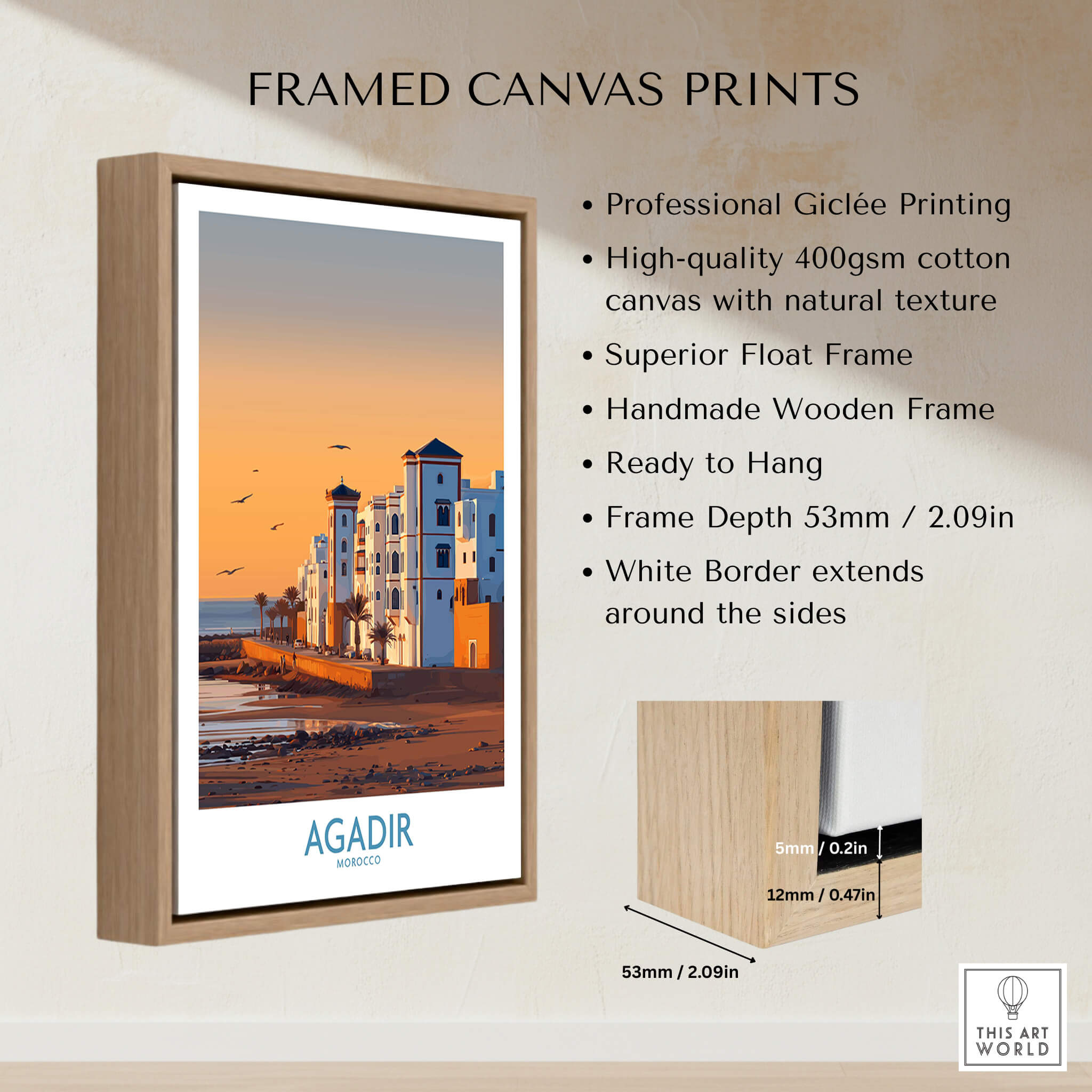 Agadir Morocco Wall Art framed canvas print featuring vibrant coastal scenery and a handmade wooden frame.