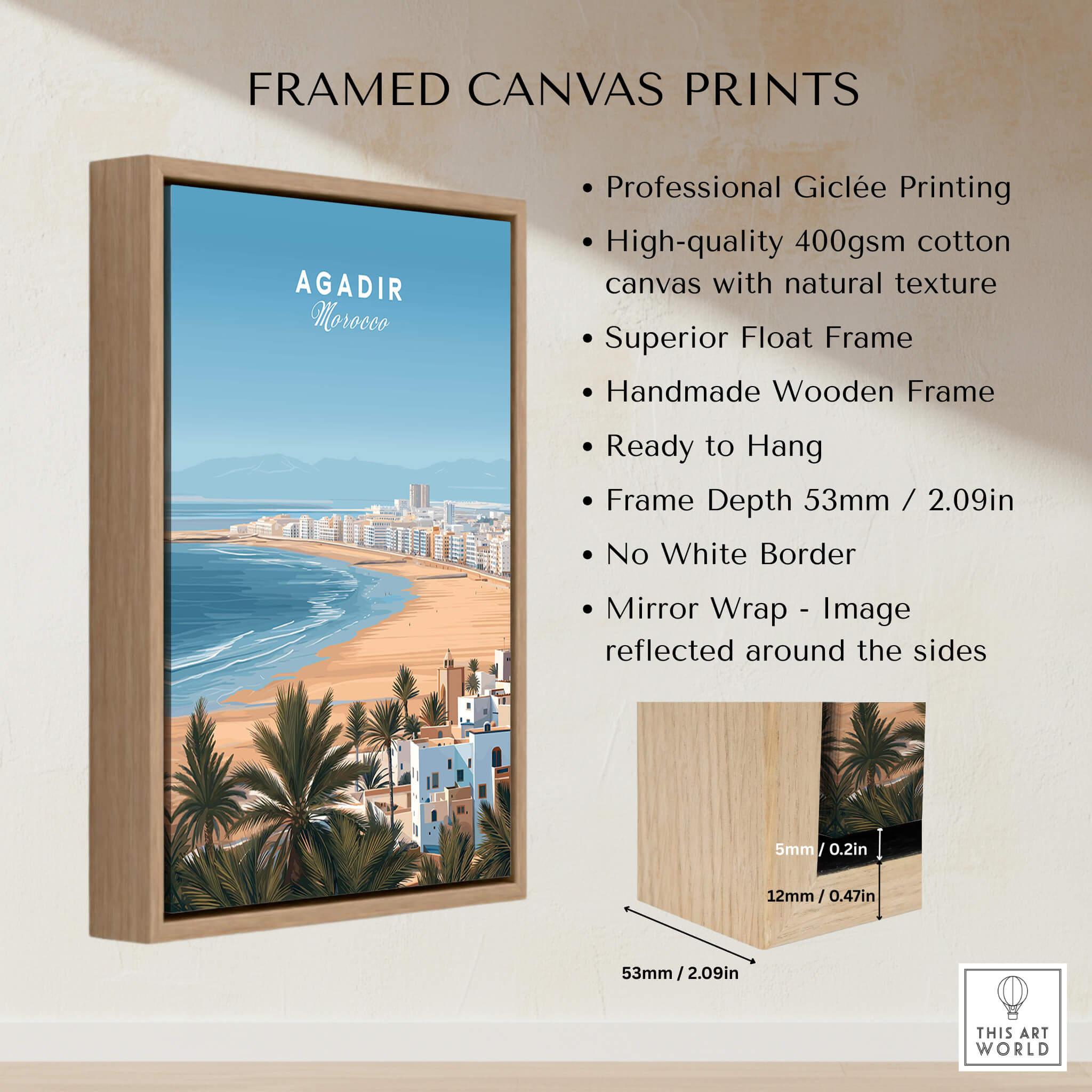 Agadir Morocco Poster – Travel Print in a framed canvas showcasing beach scenes and coastal beauty.