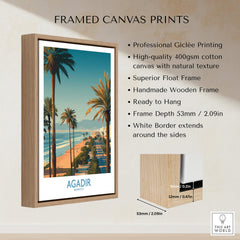 Agadir Morocco Wall Art Canvas framed print showcasing palm trees and Mediterranean waterfront scene.