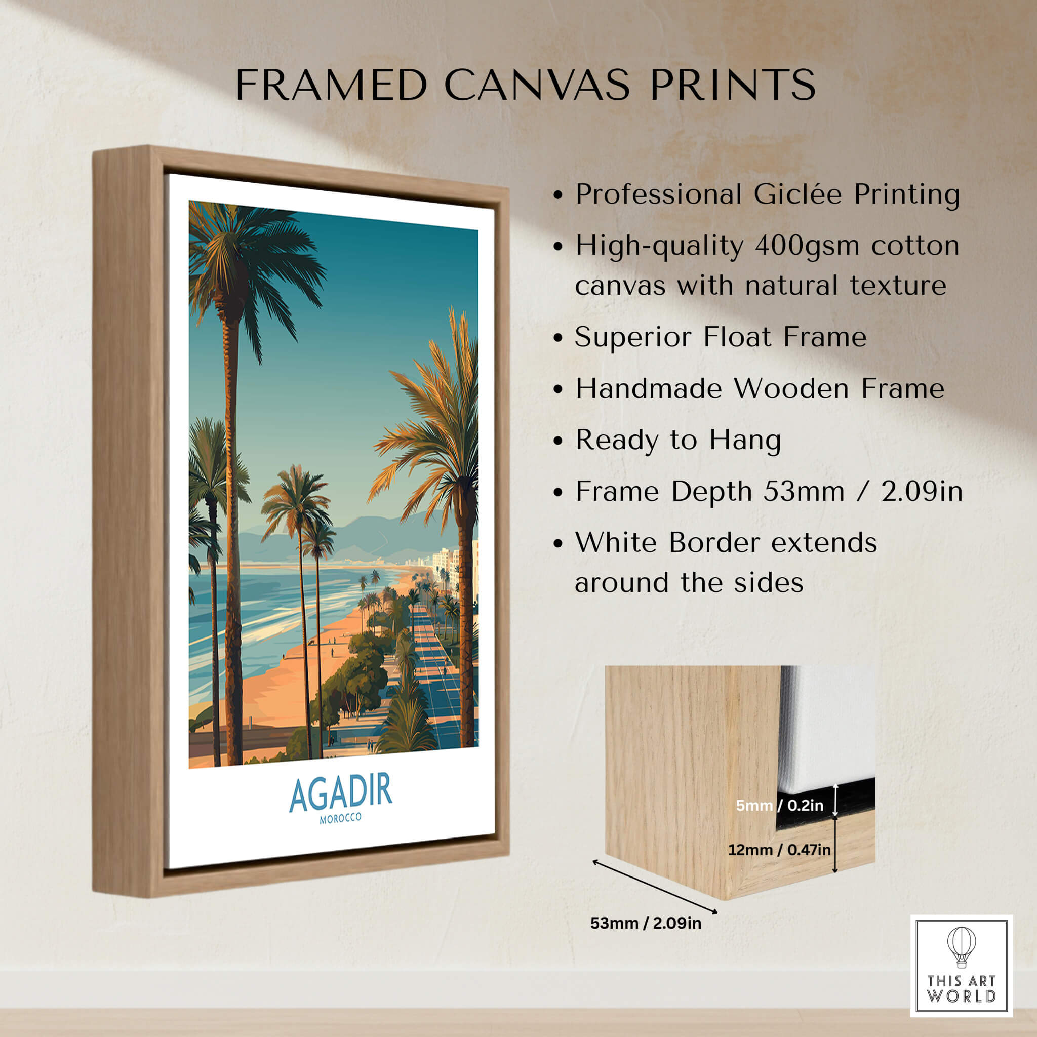 Agadir Morocco Wall Art Canvas framed print showcasing palm trees and Mediterranean waterfront scene.