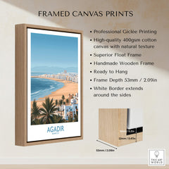 Agadir Morocco Print – Panoramic Beach and Palm Tree Wall Decor showcased in a framed canvas print.