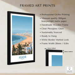 Agadir Morocco Print – Panoramic Beach and Palm Tree Wall Decor framed art print with vivid coastal imagery.