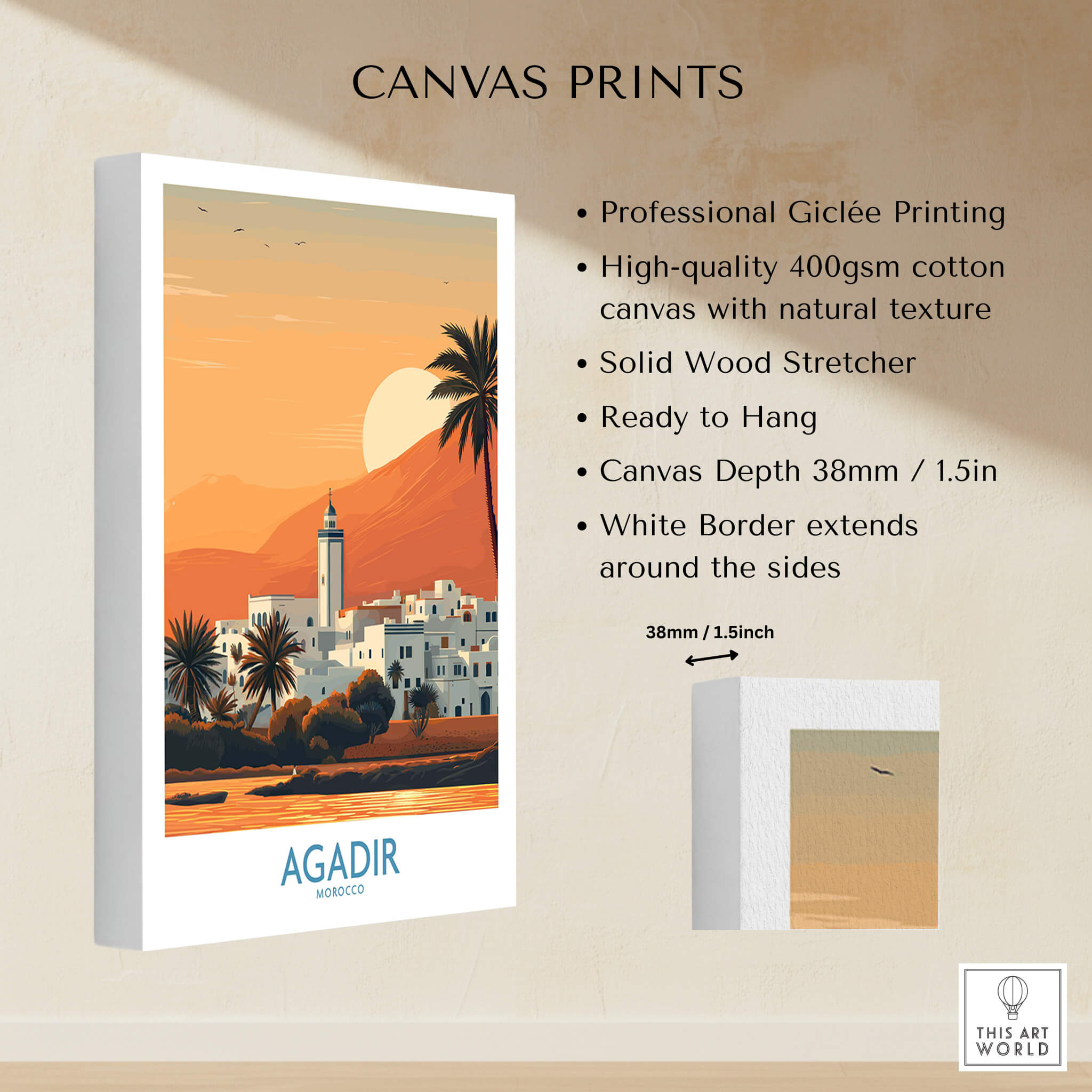 Agadir Morocco Print – Minimalist Palm Tree Wall Decor showcasing professional Giclée printing and ready-to-hang features.