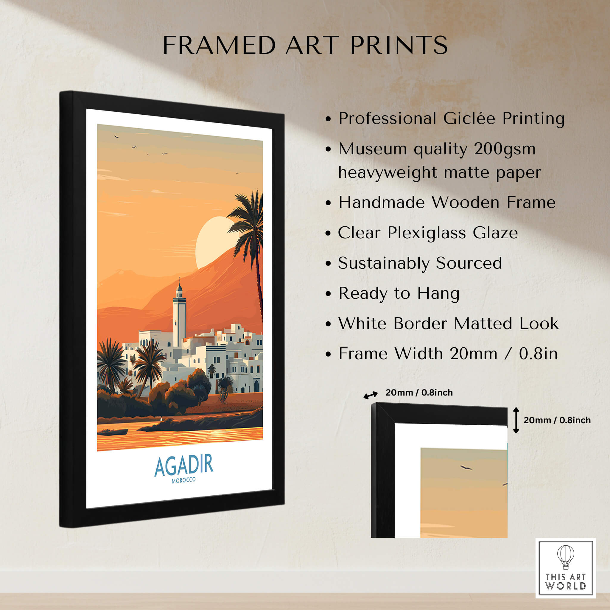 Agadir Morocco Print – Minimalist Palm Tree Wall Decor featuring framed art with desert tones and palm trees.