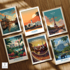 Agadir Morocco Print – Minimalist Palm Tree Wall Decor among other travel posters showcasing various iconic cities.