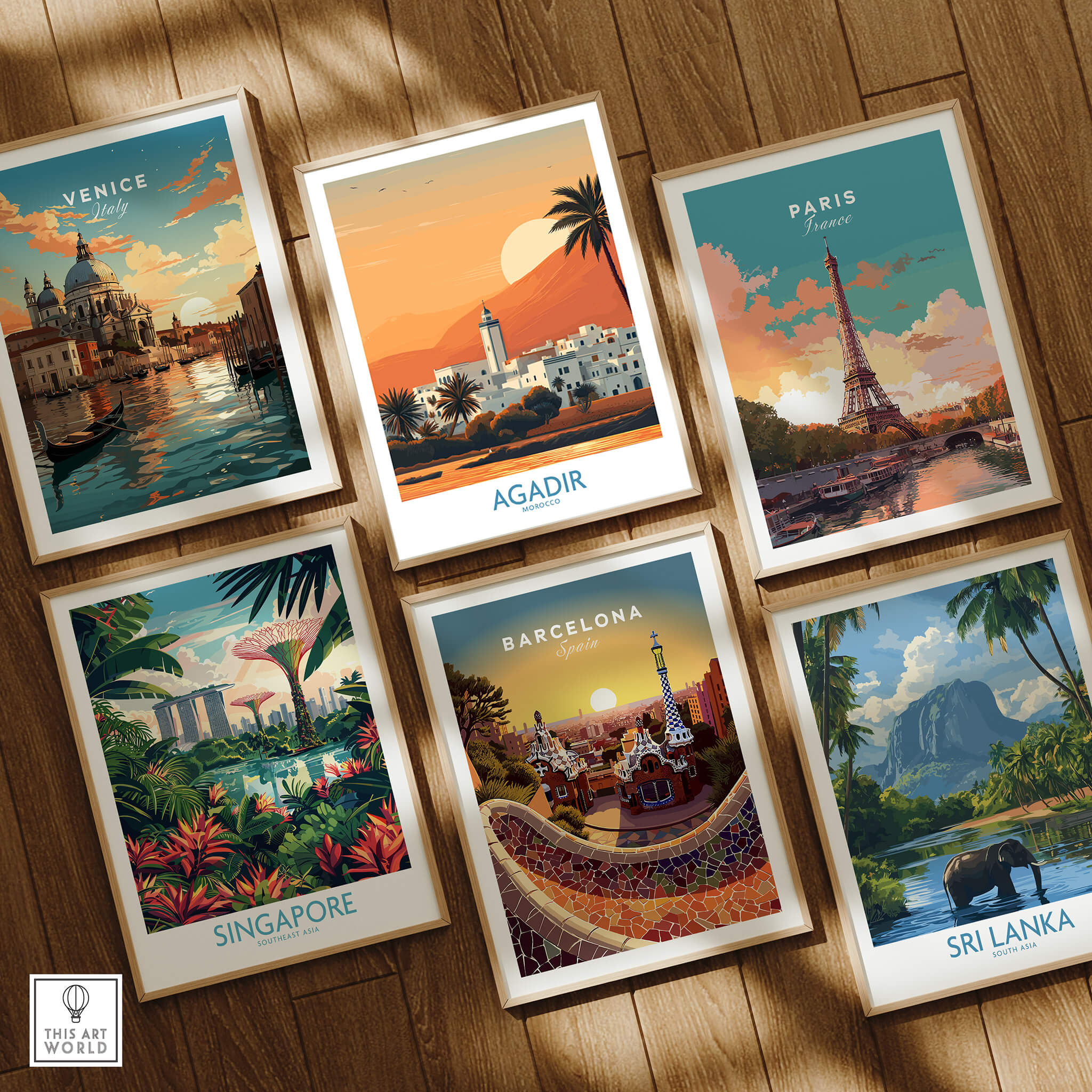Agadir Morocco Print – Minimalist Palm Tree Wall Decor among other travel posters showcasing various iconic cities.