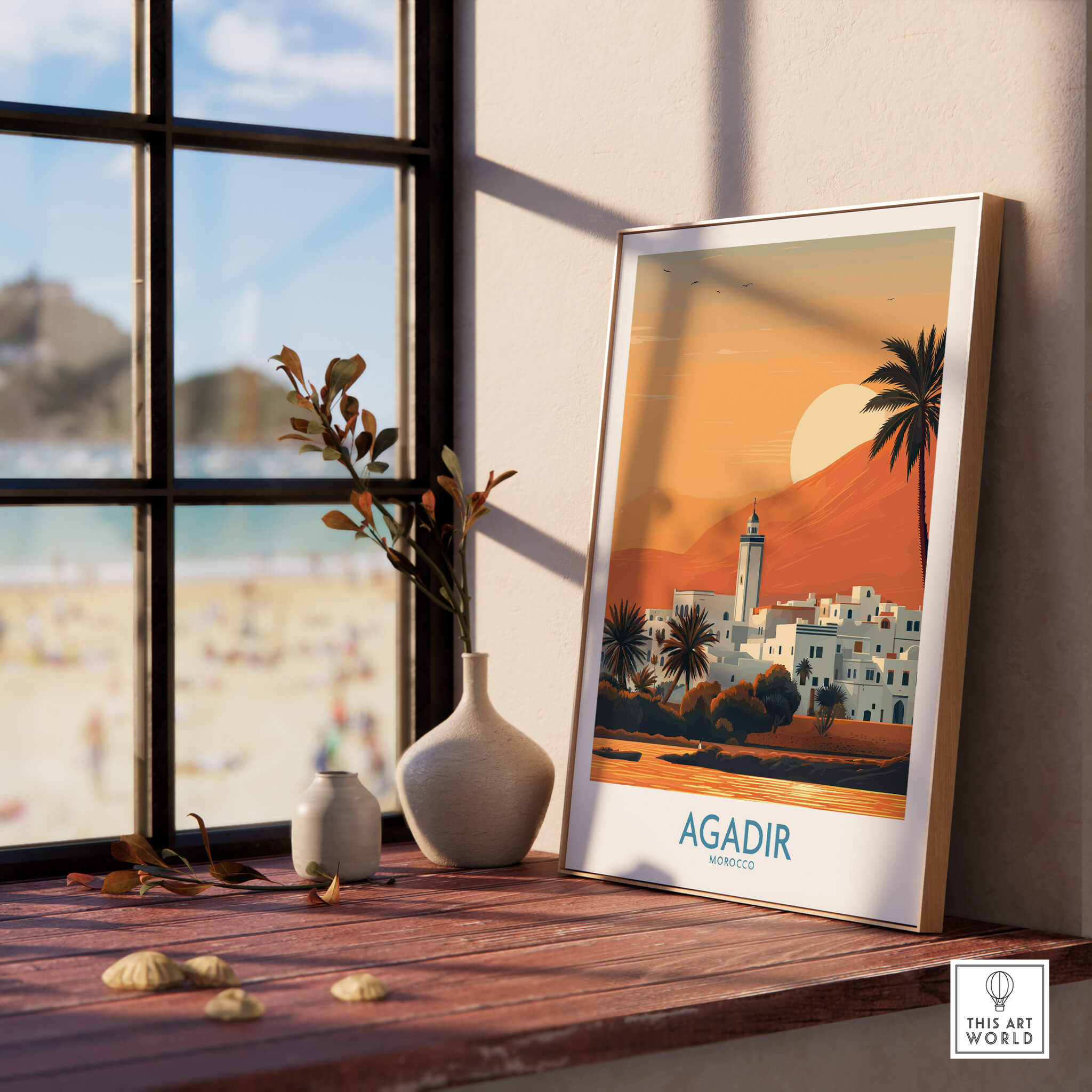 Agadir Morocco Print – Minimalist Palm Tree Wall Decor displayed in a sunny room by the window with beach view.