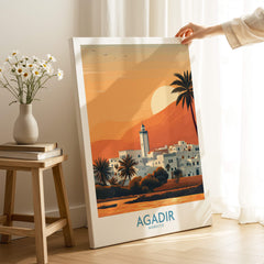 Agadir Morocco Print – Minimalist Palm Tree Wall Decor featuring a serene coastal scene with palm trees in warm colors.