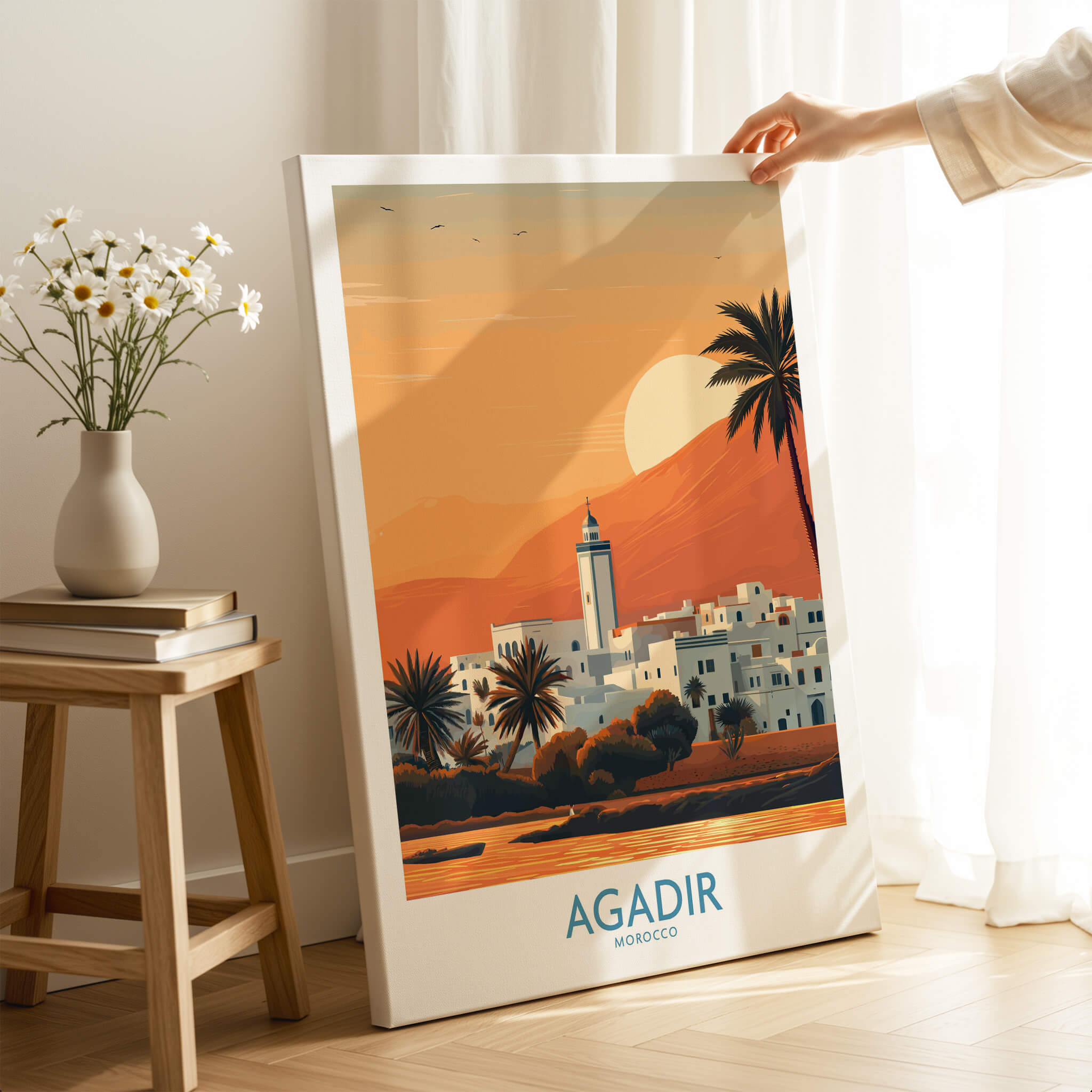 Agadir Morocco Print – Minimalist Palm Tree Wall Decor featuring a serene coastal scene with palm trees in warm colors.