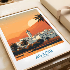 Agadir Morocco Print – Minimalist Palm Tree Wall Decor showcasing a tranquil sunset over Agadir.