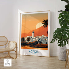 Agadir Morocco Print – Minimalist Palm Tree Wall Decor in a modern interior setting with warm colors.